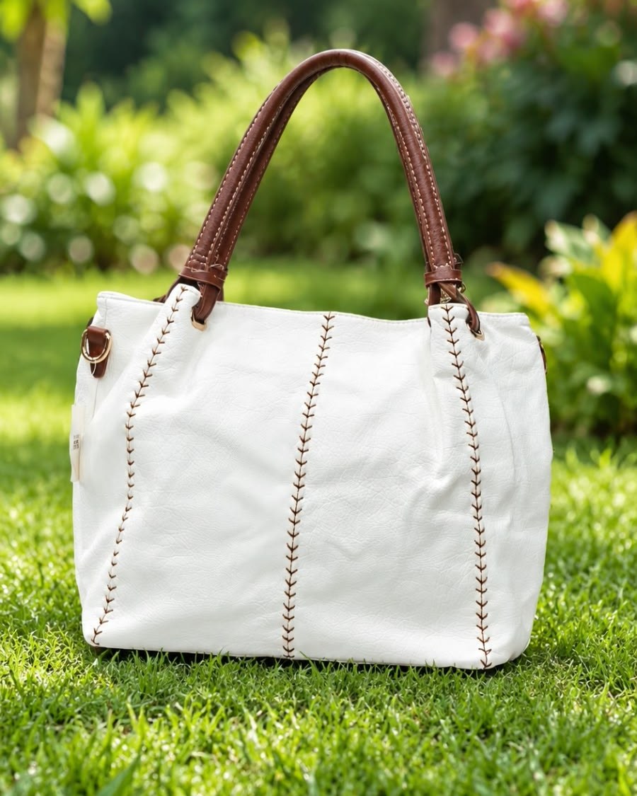 White tote bag with brown handles