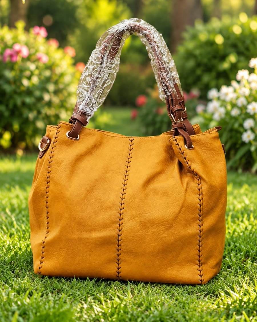 Mustard tote bag with brown handles