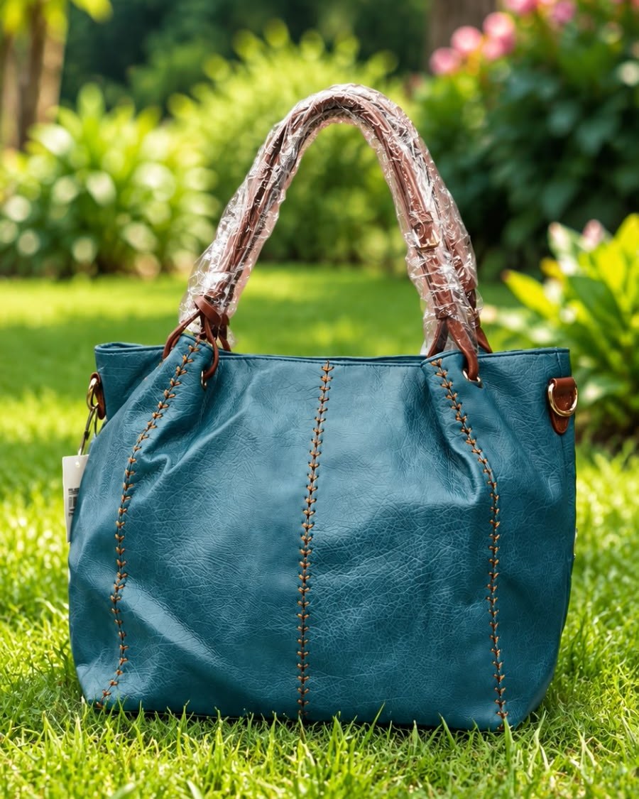 Teal tote bag with brown handles